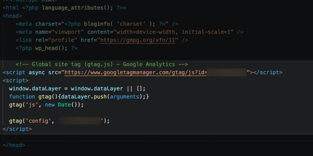 Insert the analytics tracking code in the header.php file