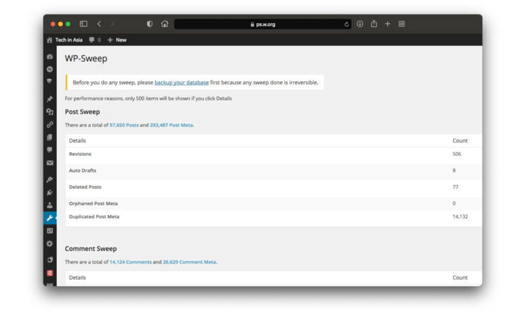Delete WordPress revisions with WP Sweep plugin