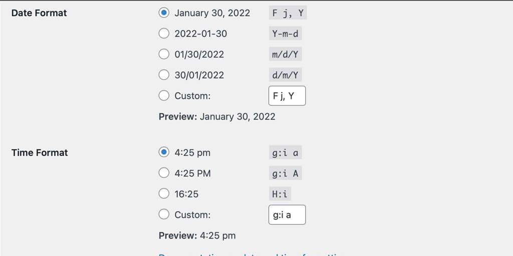 Setting the date and time format