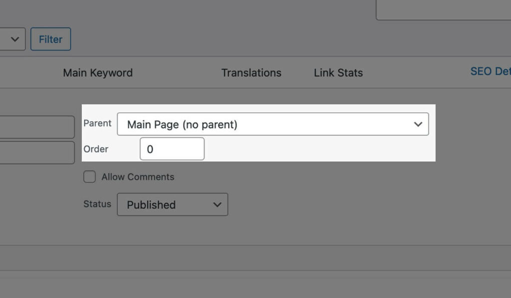 Selecting the parent page in the quick edit