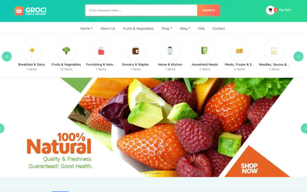 Homepage of Groci theme for organic food and grocery markets