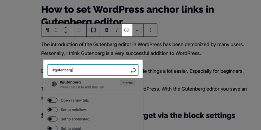 Set the anchor link in WordPress Gutenberg editor