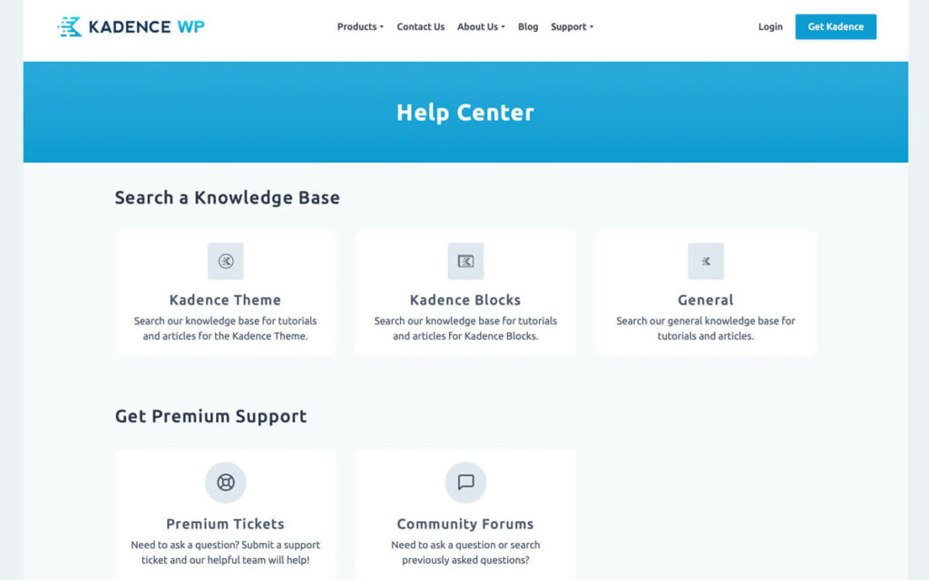 Kadence help center with documentation and support forums