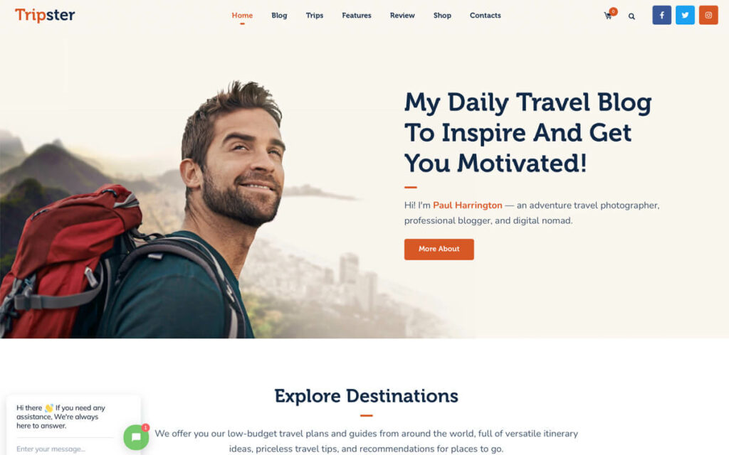 Travel blog theme with destinations and WooCommerce integration and demo content.